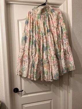 IVY CITY CO. Tiered Eyelet Midi Skirt in Pastel Floral